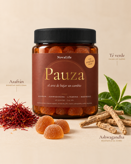 Ingredientes de Pauza: azafrán para el bienestar emocional, té verde para la calma sin sueño y ashwagandha para la resistencia al estrés